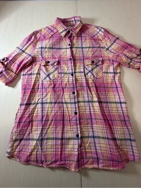 Pink Plaid Button-Down Shirt with Chest Pockets